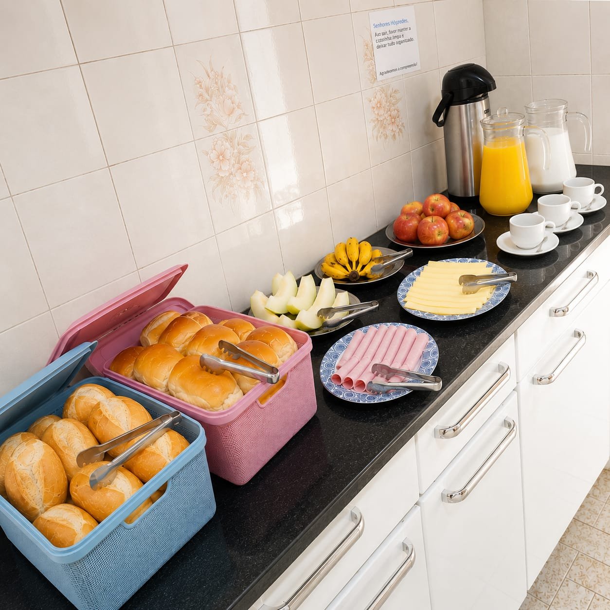 Mesa de café da manhã com pães, frutas e sucos